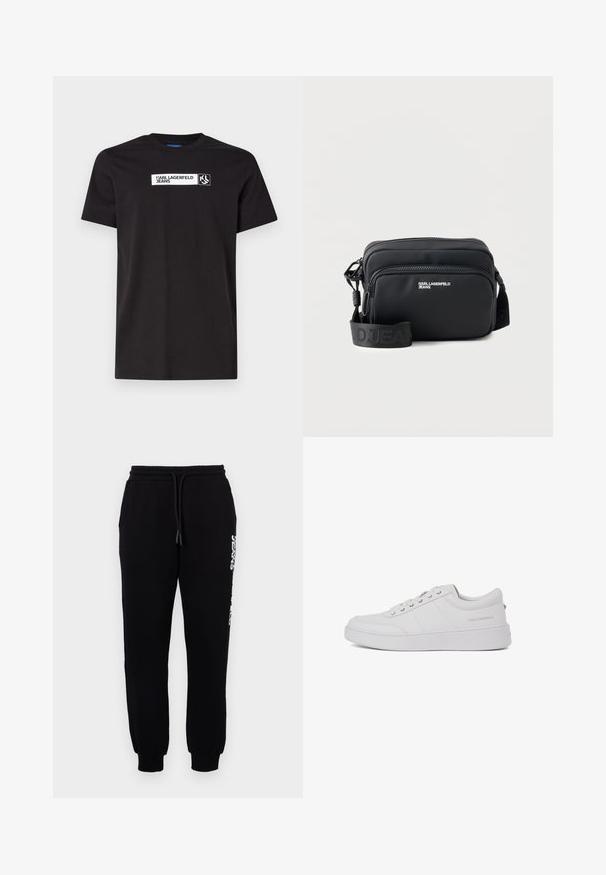 Must harilik must t-särk lühikeste varrukatega, millel on valge teksti graafika silt "KARL LAGERFELD JEANS" ja logo, ümar kaelus.; Mustmustooted mustad sportsikut, mis on valmistatud pehmest kangast, elastse vöökoha ja tõmbluku ning kitseneva lõikega jalgadega, mille küljes on logo.; Valge nahast tennisetossud klassikalise madala disainiga, tasase tallaga ja peene kaubamärgiga logoga kanna peal. Omab viit metallist silma lukkude jaoks.; Must ristkülikukujuline üleõlakott kahe tõmblukuga taskuga, „KARL LAGERFELD JEANS“ logoga ja reguleeritava bränditud rihmaga valgel taustal.