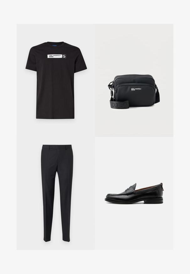 Zwarte katoenen T-shirt met korte mouwen, voorzien van een witte tekstafdruk met het label "KARL LAGERFELD JEANS" en een logo, ronde halslijn.; Zwarte broek met een getailleerde pasvorm, platte voorkant en geplooide broekspijpen; gemaakt van een soepel stof met riemlussen en een ritsluiting.; Zwarte leren herensloffen met moc toe stiksel, pennyriem, gestructureerde kraag en lage gestapelde hak op witte achtergrond.; Zwarte rechthoekige crossbodytas met twee ritssluitingsvakken, "KARL LAGERFELD JEANS" logo en verstelbare merkriem op witte achtergrond.