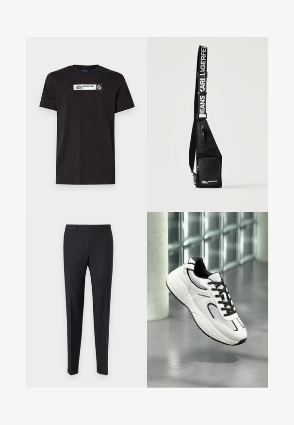 Sort bomulds T-shirt med korte ærmer, der har en hvid tekstgrafik med påskriften "KARL LAGERFELD JEANS" og et logo, rund halsudskæring.; Sorte habitbukser med tætsiddende pasform, glat front og læg; lavet af glat stof med bæltestropper og lynlås.; Hvid sneaker med mesh og lædermateriale, sorte accenter og tekstureret sål. Fås med snørebånd og branding på siden.; Sort crossbody taske med lynlåslomme foran og justerbar rem med teksten "KARL LAGERFELD JEANS" i hvide bogstaver.