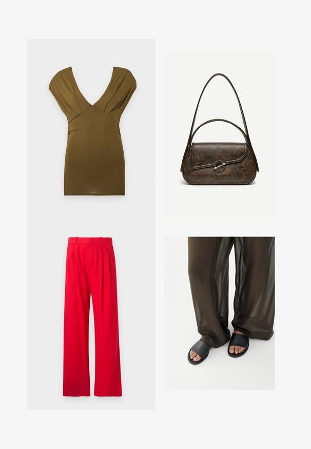 Vestido sin mangas verde oliva con escote en V profundo y detalles de tela fruncida en los hombros y la zona media.; Pantalones anchos rojos hechos de tela suave, con pliegues frontales, una cinturilla plana y una textura suave. Sin bolsillos ni patrones visibles.; Pies con sandalias negras tipo slide combinadas con pantalones marrones sueltos y transparentes sobre un fondo blanco liso.; Bolso de cuero texturizado marrón oscuro con dos asas, forma rectangular redondeada y cierre de broche circular plateado en la solapa frontal.