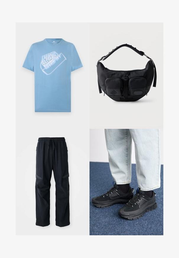 Hellblaues Nike-T-Shirt mit kurzen Ärmeln und großem stilisiertem weißen Nike-Logo samt Swoosh-Grafik auf der Brust.; Schwarze Freizeitpants mit elastischem Bund, Kordelzug und mit Reißverschlüssen versehenen Taschen auf weißem Hintergrund.; Schwarze Sportschuhe aus strukturiertem Stoff mit Gummisohlen, ausgestattet mit elastischen Schnürsenkeln und einem blauen Akzent an der Ferse. Getragen mit hellen Jeans.; Schwarze, sichelförmige Schultertasche mit gepolstertem, verstellbarem Riemen und zwei vorderen Reißverschlusstaschen mit Zuglaschen.