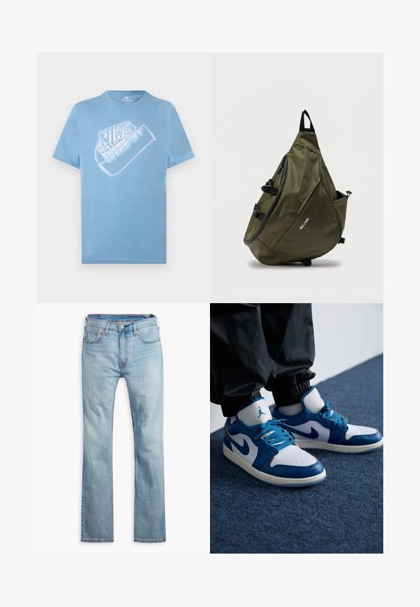 Hellblaues Nike-T-Shirt mit kurzen Ärmeln und großem stilisiertem weißen Nike-Logo samt Swoosh-Grafik auf der Brust.; Hellblaue Jeans aus Denim, mit geradem Bein, fünf Taschen, kontrastierenden Nähten und einem Knopfverschluss am Bund.; Die Nike Air Jordan Sneakers verfügen über eine weiße Lederbasis mit blauen synthetischen Akzenten, einer perforierten Zehenbox und blauen Schnürsenkeln.; Olivgrüner dreieckiger Rucksack mit schwarzem Reißverschluss, verstellbarem Riemen, Seitentasche und "ONLY SONS"-Logo auf der Vorderseite.