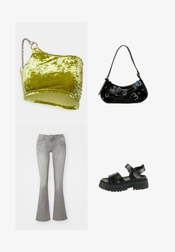 The Ragged Priest SPAWN - Top - green; Grå flagrende jeans med en middelhøj talje, frontlommer og knaplukning, lavet af denimstof med en glat tekstur.; Sort sandal med chunky sål, to brede stropper foran, ankelstrop og sølvspænde på hvid baggrund.; Sort lakeret skuldertaske med en buet form, udsmykket med sølvhardware, dekorative spænder og en kort rem. Blå mærkat vedhæftet.