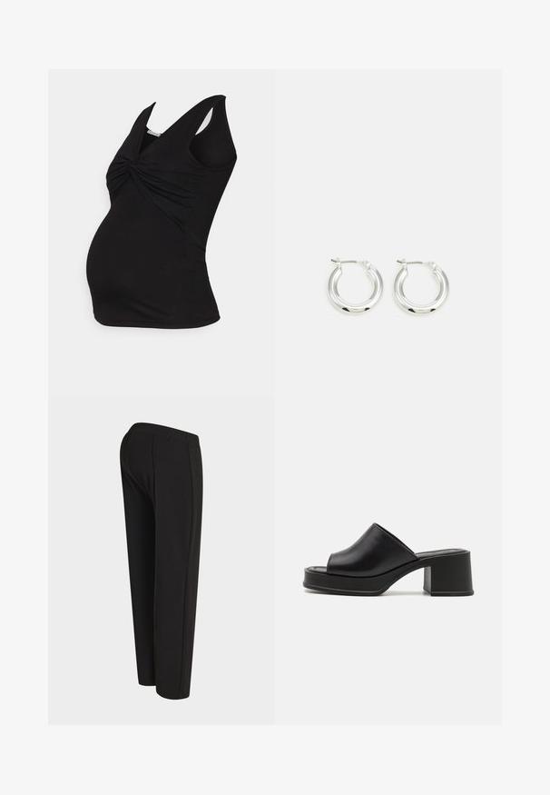 Anna Field MAMA Top - 802 - black; Čierne nohavice s rovným strihom, zobrazené zozadu na figuríne, s vysokým pásom a jednoduchým, nezdobeným dizajnom.; Čierne kožené platformové mule s okrúhlym otvoreným prstom, nízkym blokovým podpätkom a hladkým povrchom. Minimalistický dizajn s elegantnými líniami.; Strieborné kruhové náušnice s lešteným povrchom, ktoré majú kruhový tvar a závesné zapínanie. Hladký povrch s minimálnymi detailmi.
