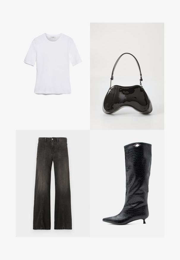 T-shirt blanc à manches courtes en tissu côtelé. Col rond, coupe régulière et détails de couture subtils. Aucune motif ni graphique.; Jean en denim noir à jambes larges avec une finition délavée, comprenant deux poches avant et des détails cousus le long des coutures. Conception taille haute.; Botte noire à hauteur de genou en cuir verni embossé crocodile, avec un bout pointu et un petit talon kitten, agrémentée d'un accent angulaire en argent sur le dessus.; Sac à main en cuir verni noir avec une forme incurvée unique, une anse courte et ajustable, et une fermeture zippée. Texture lisse avec un branding discret.