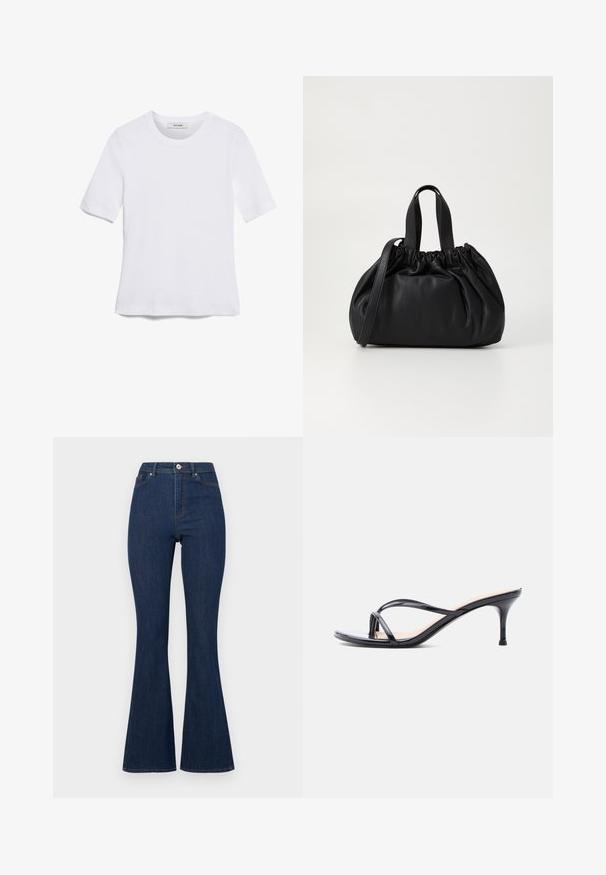 Hvid kortærmet t-shirt lavet af ribbet stof. Rund halsudskæring, almindelig pasform og subtile syninger. Ingen mønstre eller grafik.; Mørkeblå denim flared jeans med høj talje, der har lynlås og knap samt diskret syninger langs sømmene.; Sort laklædersandal med hæl, tynde krydsede remme og en slank mellemhøj stilethæl på en hvid baggrund.; Sort læderhåndtaske med en samlet topdesign, der har to korte håndtag og en lang justerbar rem. Glat overflade, rund form.
