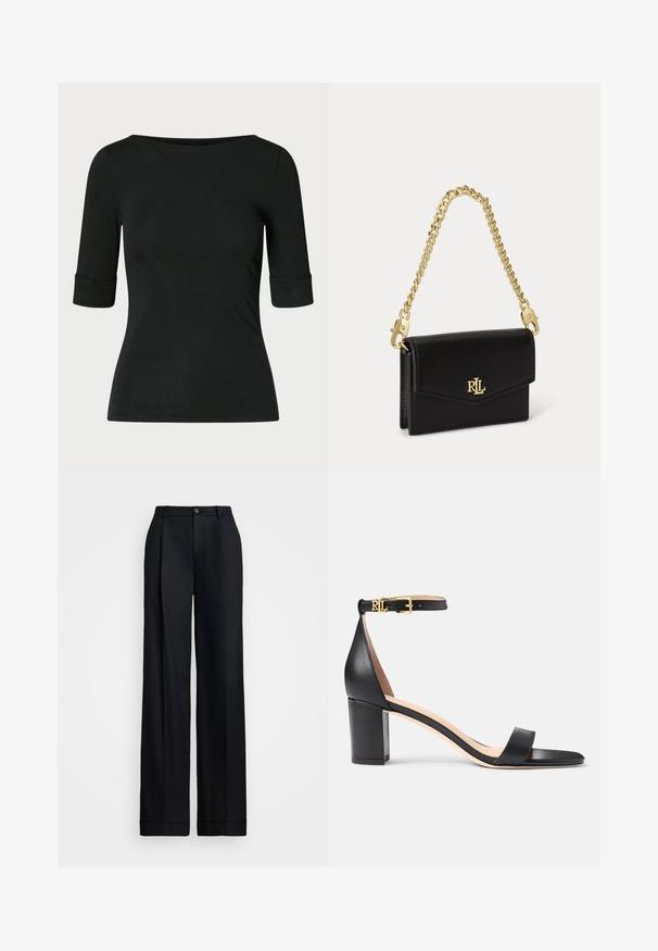 Camisa negra ajustada con mangas hasta el codo y un escote amplio y redondo sobre un fondo liso.; Pantalones de pierna ancha negros con un acabado suave, frente plano, trabillas para cinturón y un cierre de botón único en la cintura.; Lauren Ralph Lauren LOGAN BURNISHED LEATHER SANDAL - Sandalias - black; Pequeño bolso de mano de cuero negro con cierre de solapa, logotipo dorado RL en el frente y correa corta desmontable de cadena dorada.