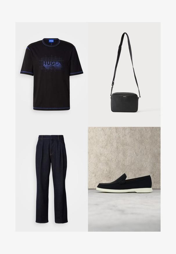 Zwart katoenen T-shirt met korte mouwen, blauwe stiknaden en een grafisch "HUGO" logo in verschillende tinten blauw aan de voorkant.; Donkerblauwe denim jeans met wijde pijpen, inclusief voorplooien en oranje stiksels, weergegeven op een witte achtergrond.; Zwarte instapper met een ronde neus, voorzien van een textuur bovenwerk, gladde witte zool en subtiele merktekens aan de zijkant.; Zwarte rechthoekige crossbodytas met verstelbare band en BOSS-logo aan de voorkant, tegen een effen lichte achtergrond.