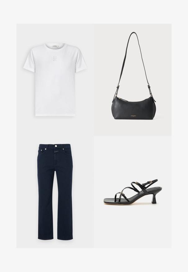 sandro T-Shirt basic - blanc; Navyblaue Baumwolljeans im geraden Schnitt, mit fünf Taschen, Reißverschluss und Metallknopfverschluss. Glatte Textur mit Steppnähten.; Schwarze lackierte Riemchensandalen mit quadratischer Zehenpartie und niedrigem Blockabsatz. Ausgestattet mit vergoldeten Beschlägen und verstellbaren Knöchelriemen.; Kleine schwarze Lederschultertasche mit verstellbarem Riemen und goldenem Reißverschluss, mit dezentem goldenem Markenschriftzug vorne.
