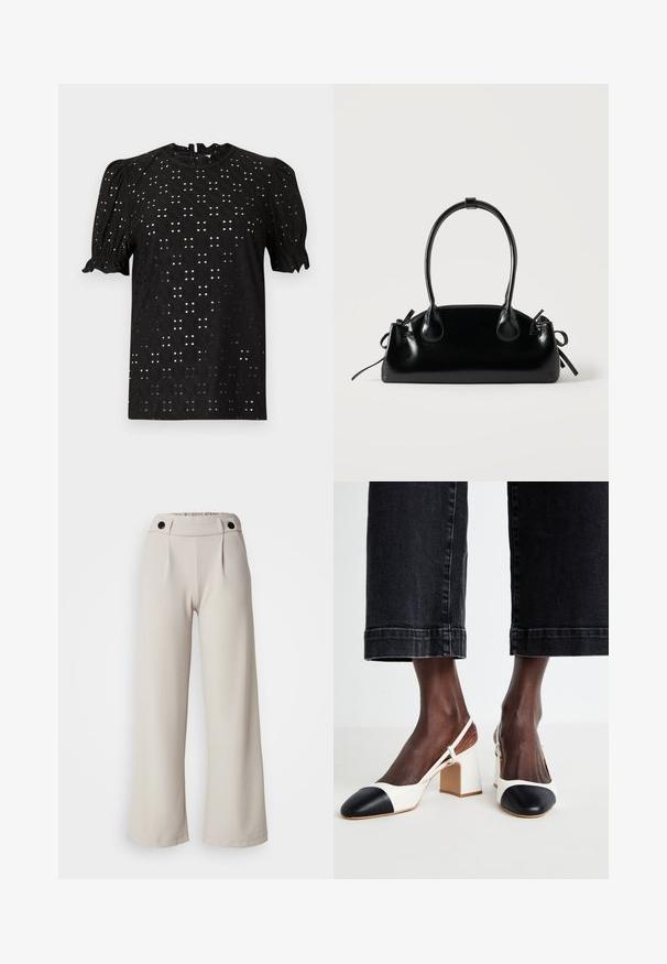 Μαύρη μπλούζα κοντού μανικιού με υφή τύπου eyelet, χαρακτηριστικά με φουσκωτά μανίκια και στρογγυλή λαιμόκοψη, που κλείνει με κλειδαρότρυπα στο πίσω μέρος.; Παναρίδικες παντελόνες σε ανοιχτό μπεζ ύφασμα με λεία υφή, διαθέτοντας συγκεντρωμένη μέση και δύο μαύρα κουμπιά στη ζώνη.; Λευκά και μαύρα γόβες με τακούνι γαμπρέ και ανοιχτό πίσω μέρος, με αιχμηρή μύτη, λεία δερμάτινη υφή και αντίθετο χρωματικό σχέδιο στην κάλυψη της μύτης.; Μικρή μαύρη γυαλιστερή τσάντα με δύο μακριές λαβές και λεπτομέρειες με ρυθμιζόμενο κορδόνι στο πλάι σε απλό ανοιχτό φόντο.