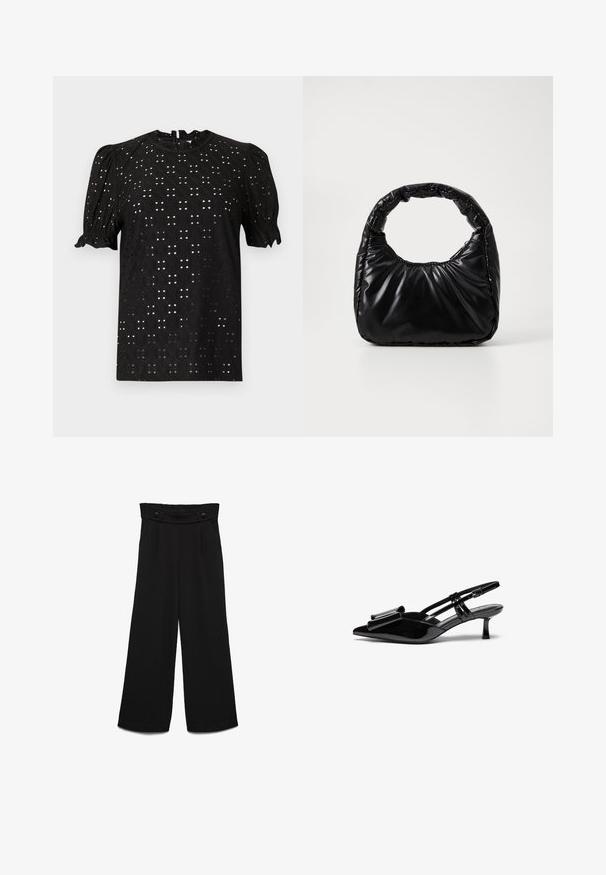 Blusa negra de manga corta con un diseño texturizado de ojales, que presenta mangas abullonadas y un escote redondo, cerrada con un ojal en la parte posterior.; Pantalones negros de pierna ancha con una pretina alta, que cuentan con dos botones frontales y una textura suave. Corte recto con pliegues en la parte delantera.; Zapatos de tacón slingback de charol negro con punta afilada, detalle de lazo en el frente y un pequeño tacón de aguja. Las correas tienen hebillas ajustables.; Bolso negro acolchado con un asa redondeada, que presenta una superficie lisa y brillante y una textura suave y acolchada. Sin herrajes ni acentos visibles.