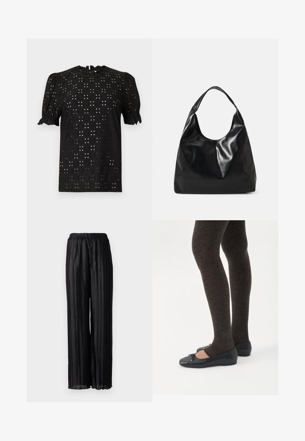 Μαύρη μπλούζα κοντού μανικιού με υφή τύπου eyelet, χαρακτηριστικά με φουσκωτά μανίκια και στρογγυλή λαιμόκοψη, που κλείνει με κλειδαρότρυπα στο πίσω μέρος.; Μαύροι πλισέ παντελόνες με φάρδος και ελαστική μέση, κατασκευασμένοι από γυαλιστερό ύφασμα που αναδεικνύει την υφή και την κίνηση.; Πόδια με σκουρόχρωμα ριμπ κολάν συνδυασμένα με μαύρα μπαλαρίνα παπούτσια με μικρές λεπτομέρειες φιόγκων σε λευκό φόντο.; Μαύρη δερμάτινη τσάντα hobo με μαλακή, γυαλιστερή υφή και στρογγυλή, ανοιχτή κορυφή. Διαθέτει φαρδύ, καμπύλο λουρί για μεταφορά. Χωρίς ορατό εξοπλισμό.