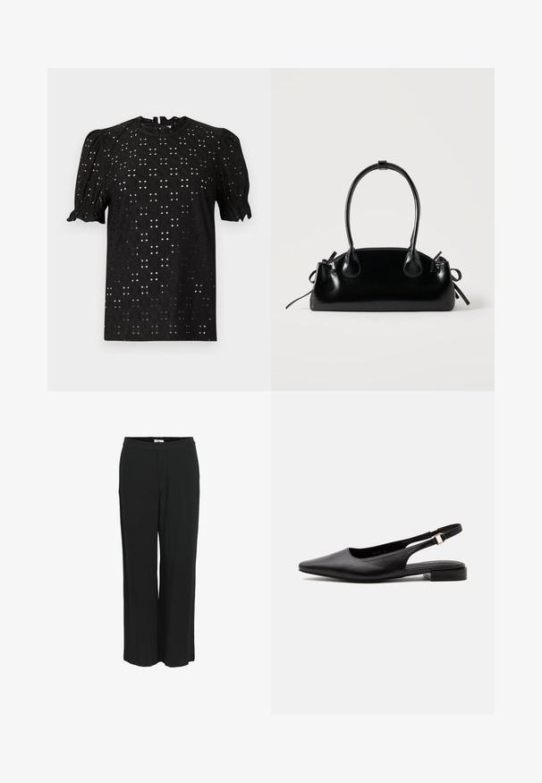 Μαύρη μπλούζα κοντού μανικιού με υφή τύπου eyelet, χαρακτηριστικά με φουσκωτά μανίκια και στρογγυλή λαιμόκοψη, που κλείνει με κλειδαρότρυπα στο πίσω μέρος.; Φαρδιές, μαύρες παντελόνες φτιαγμένες από ελαφρύ ύφασμα. Διαθέτουν ελαστική μέση και λεία υφή. Χωρίς τσέπες ή ορατά σχέδια.; Μαύρο δερμάτινο φλατ παπούτσι slingback με μυτερή μύτη και ρυθμιζόμενο λουρί με αγκράφα σε χαμηλό τακούνι σε λευκό φόντο.; Μικρή μαύρη γυαλιστερή τσάντα με δύο μακριές λαβές και λεπτομέρειες με ρυθμιζόμενο κορδόνι στο πλάι σε απλό ανοιχτό φόντο.