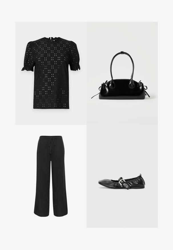 Schwarze Kurzarmbluse mit strukturiertem, Lochmusterdesign, ausgestattet mit Puffärmeln und einem runden Halsausschnitt, der hinten mit einem Schlitzverschluss versehen ist.; Culture CUNAVI CLARINA - Stoffhose - black; Schwarze Leder-Ballerinas mit spitzem Zehenbereich, gerafften Details am Schaft und einem silbernen Schnallenakzent am verstellbaren Riemen.; Kleine schwarze glänzende Handtasche mit zwei langen Griffen und seitlichen Kordelzug-Details vor einfachem hellem Hintergrund.