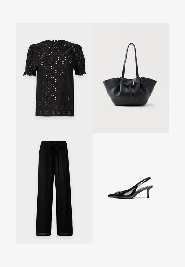 Blusa negra de manga corta con un diseño texturizado de ojales, que presenta mangas abullonadas y un escote redondo, cerrada con un ojal en la parte posterior.; Pantalones negros de pierna ancha con una tela texturizada, que presentan una cintura atada y un corte relajado. El dobladillo es ligeramente transparente con una silueta recta.; Tacones slingback de charol negro con punta afilada y acabado brillante. Presentan un tacón delgado y un acento redondeado en el empeine.; Bolso tote de cuero negro con asas largas y una correa frontal con una pequeña hebilla dorada, sobre un fondo liso.