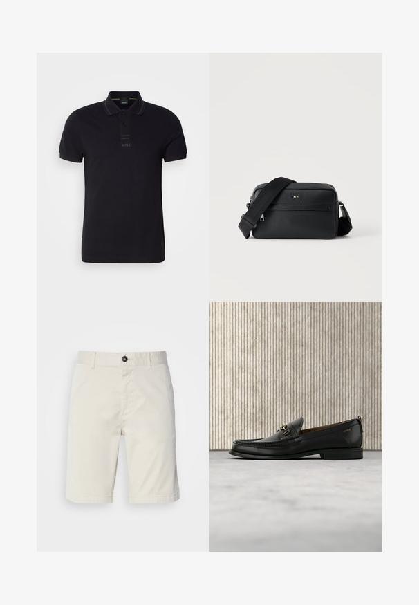 Schwarzes Polohemd aus Baumwolle mit einem Kragen, kurzen Ärmeln, dezentem Logo auf der Brust und glatter Textur.; Helle beige Shorts aus Baumwolle, mit einem Knopfverschluss, Vordertaschen und abgestepptem Saum. Glatte Textur mit einem lässigen Design.; Schwarzer Lederloafer mit goldfarbenem Metallbit und "HUGO"-Markenlogo, präsentiert vor einem beigen Teppich und braunen durchsichtigen Möbelstücken.; Schwarze, strukturierte Leder-Crossbody-Tasche mit vorderer Reißverschlusstasche und verstellbarem breitem Stoff-Schulterriemen auf weißem Hintergrund.
