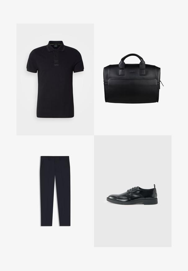 Sort poloshirt lavet af bomuld med krave, korte ærmer, diskret logo på brystet og glat tekstur.; Marinebukser med en skræddersyet pasform, der har to forlommer, en flad frontdesign og en glat tekstur. Ingen synlige mønstre eller udsmykninger.; Blank sort læder dresssko med lav hæl, snørelukning og rund tå, vist fra siden på ensfarvet lys baggrund.; Sort læder duffel taske med rundet design, dobbelte håndtag og kontrasterende syninger. Har en lynlås lomme på siden.