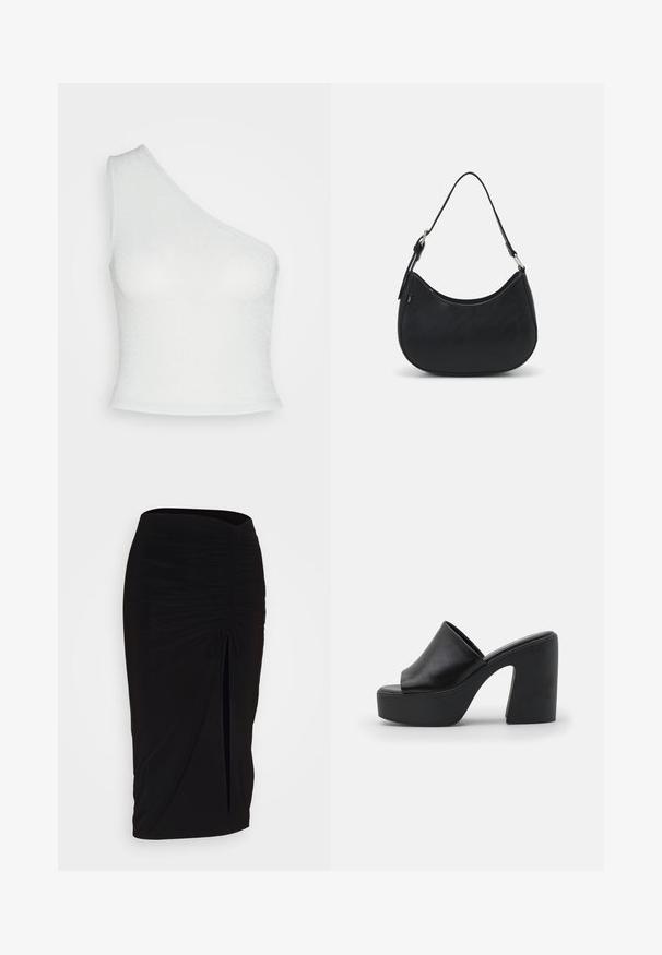 Pieces PCLINA ONE - Top - egret; falda lápiz negra con fruncido, detalle de lazo y abertura lateral. Hecha de un tejido elástico, con una textura suave y un diseño ajustado.; Mules negros de tacón alto con parte superior de cuero suave y suela de plataforma gruesa, que cuentan con un diseño de punta abierta y tacón en bloque inclinado.; Bolso hobo negro hecho de cuero suave con una silueta curva, que cuenta con una sola correa ajustable y detalles de diseño minimalistas.