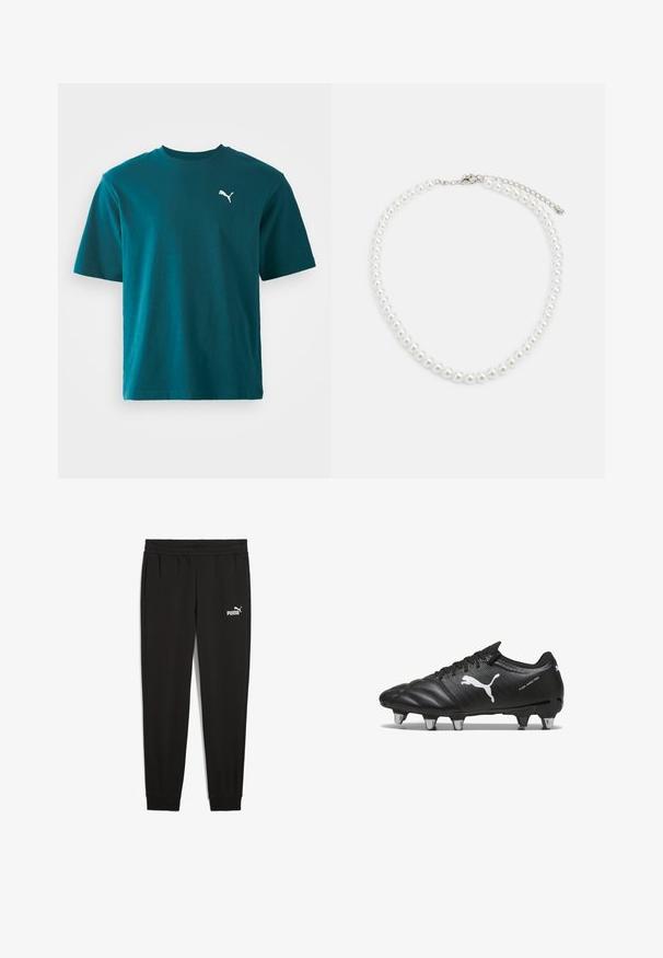 Teal bomulds t-shirt med korte ærmer, rund hals og et hvidt Puma-logo på venstre bryst; glat tekstur og regular fit.; Sorte sweatpants lavet af blødt stof, med en elastisk talje, sidelommer og et hvidt Puma-logo på venstre side.; Sorte fodboldstøvler med tekstureret materiale, hvidt Puma-logo, snørebåndslukning og metalstifter for godt greb. Designet understreger ydeevne og støtte.; Hvid perlekæde med ensartet rund form, glat overflade og metalspænde med forlængerkæde for justerbar længde.