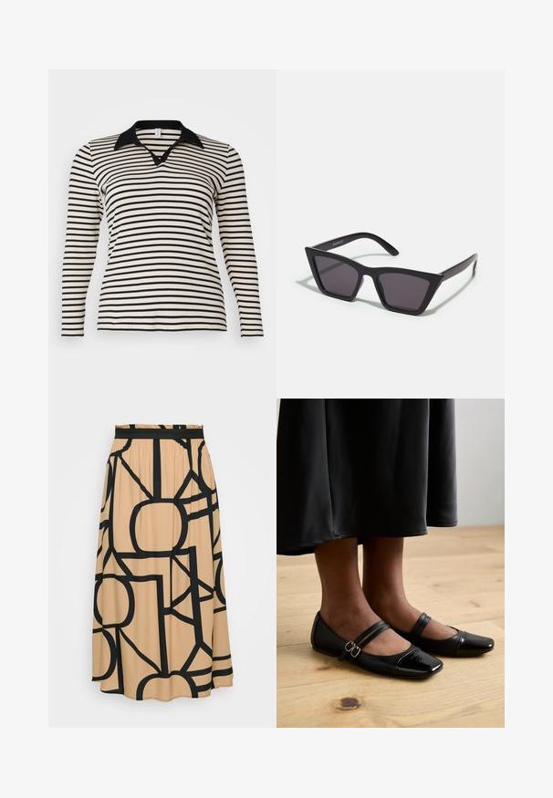 Langærmet polo-shirt med sorte og crème farvede striber, sort krave og V-udskæring, med et figursyet design og ribbet tekstur.; En lang beige nederdel med et sort geometrisk mønster. Funktioner et elastisk taljebånd og en glat stoftekstur. Rundet søm i bunden.; Sorte laklæder flade sko med firkantet tå, der har to stropper med spænder. Sålerne er flade på et lyst trægulv.; Sorte, kantede solbriller med grå linser; lavet af plast, med tykke stænger med en glat overflade og ingen synlig hardware.