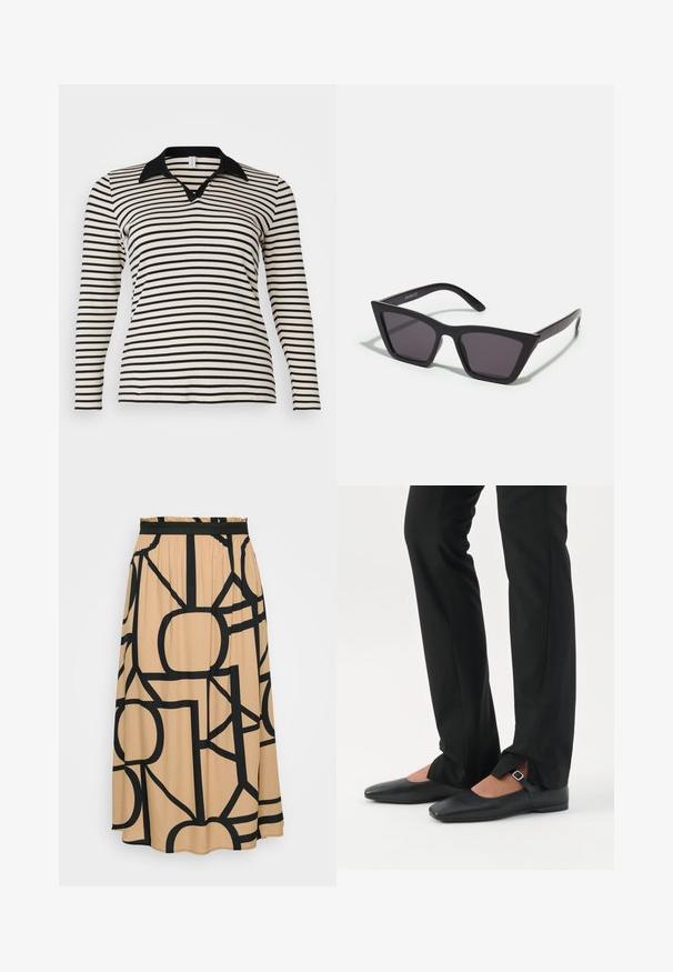 Langærmet polo-shirt med sorte og crème farvede striber, sort krave og V-udskæring, med et figursyet design og ribbet tekstur.; En lang beige nederdel med et sort geometrisk mønster. Funktioner et elastisk taljebånd og en glat stoftekstur. Rundet søm i bunden.; Ben iført sorte smalle bukser med forreste slidser ved kanten, parret med sorte flade Mary Jane-sko med lille spænde.; Sorte, kantede solbriller med grå linser; lavet af plast, med tykke stænger med en glat overflade og ingen synlig hardware.