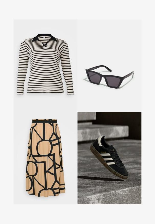 Langærmet polo-shirt med sorte og crème farvede striber, sort krave og V-udskæring, med et figursyet design og ribbet tekstur.; En lang beige nederdel med et sort geometrisk mønster. Funktioner et elastisk taljebånd og en glat stoftekstur. Rundet søm i bunden.; Sort Adidas-sneaker med hvide striber og gummisåler, svævende over grå betontrapper i naturligt lys.; Sorte, kantede solbriller med grå linser; lavet af plast, med tykke stænger med en glat overflade og ingen synlig hardware.