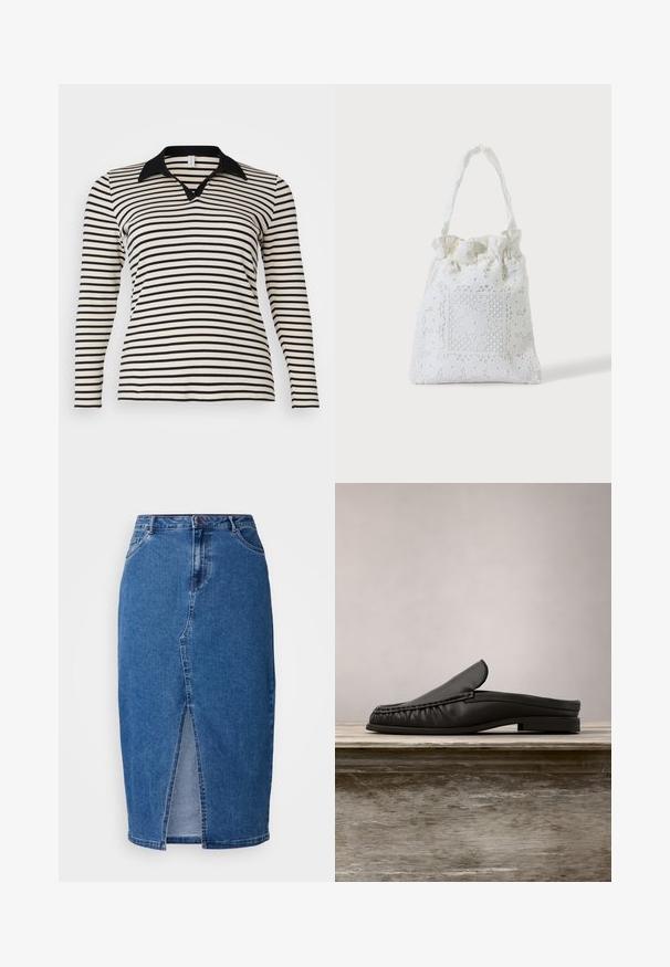 Langærmet polo-shirt med sorte og crème farvede striber, sort krave og V-udskæring, med et figursyet design og ribbet tekstur.; Denim nederdel i mellemblå med en frontslids, høj talje, fem lommer og bæltesløjfer. Stoffet har en tekstureret finish.; Sort læder slip-on loafer balancerende på kanten af en træbænk med grønne blade sløret i baggrunden.; Hvid stofnet med blomstret blonderbroderi og samlet øvre håndtag, vist mod en ensfarvet lys baggrund.