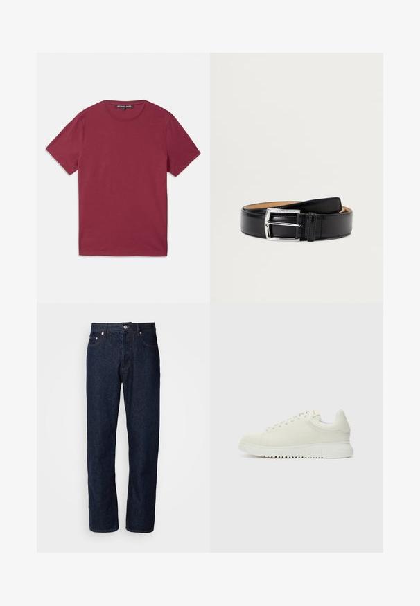 Bordeaux kortærmet t-shirt lavet af bomuld. Rund halsudskæring med et lille broderet logo på venstre bryst. Blød tekstur.; Mørkeblå denimjeans med lige ben, der har fem lommer, knaplukning og diskrete syninger.; Hvide lædersneakers med struktureret overdel, rund tå, flad hvid sål og tonede snørebånd. Subtil branding på tungen.; Sort læderbælte med en glat overflade, en sølvmetallås og enkel-syning langs kanterne.