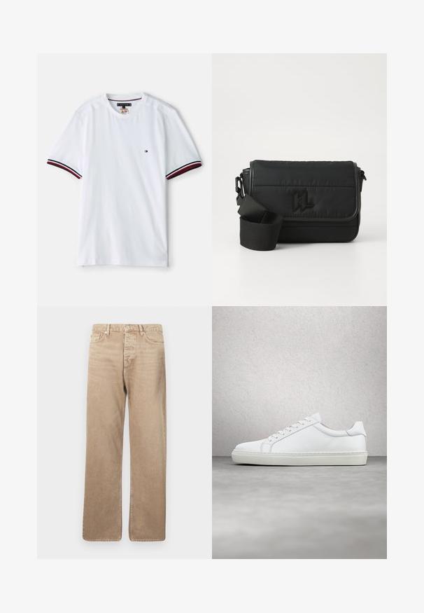 Hvid bomulds t-shirt med korte ærmer, prydet med røde og marineblå stribede detaljer på ærmerne og et lille logo på brystet.; Beige denimjeans med lige pasform, der har fem lommer, knaplukning og kontrasterende syninger. Glat tekstur og minimal slid.; Hvide sneakers med en glat læderoverdel og lav profil. Har en rund tå, seks snørehuller og en tekstureret gummisål.; Sort messenger taske lavet af nylon, med en quiltet design, justerbar rem og prægede logo på forsiden. Glat tekstur.