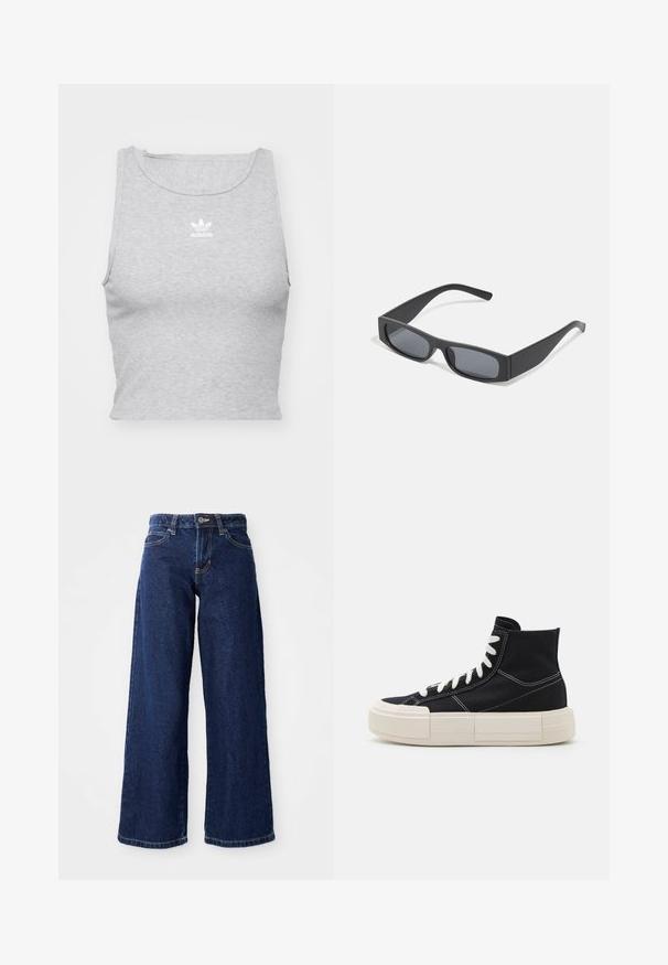Grijze, mouwloze crop top gemaakt van een zachte stof, met een ronde halslijn en een klein wit Adidas-logo op de borst.; Donkerblauwe wijde spijkerbroek van denim, met een knoop- en ritssluiting, riemlussen en klassieke vijf-pocketontwerp.; Zwarte canvas high-top sneaker met witte veters, dikke creamkleurige zool, contrasterende stiksels en een afgerond teenontwerp.; Zwarte rechthoekige zonnebril met donkere lenzen en dikke matte monturen. De zijstukken zijn licht taps toelopend met een gladde textuur.