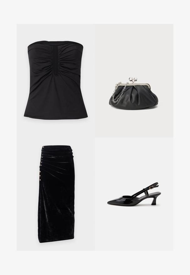 Must blackout ilma varrukate top, mis on valmistatud siledast kangast, ees volditud detailidega ja sirge äärega. Ilma nähtava metallist osa või mustriteta.; Rabanne Pliiatsseelik - black; Mustast lakknahast rihmkontsaga madala kontsaga king terava ninaga ja reguleeritava kuldse pandlaga valgel taustal.; Musthave musta nahast käekott, millel on volditud tekstuur, hõbedane metallraam, lukustatud sulgemismehhanism ja kett. Sile ja pehme pind.