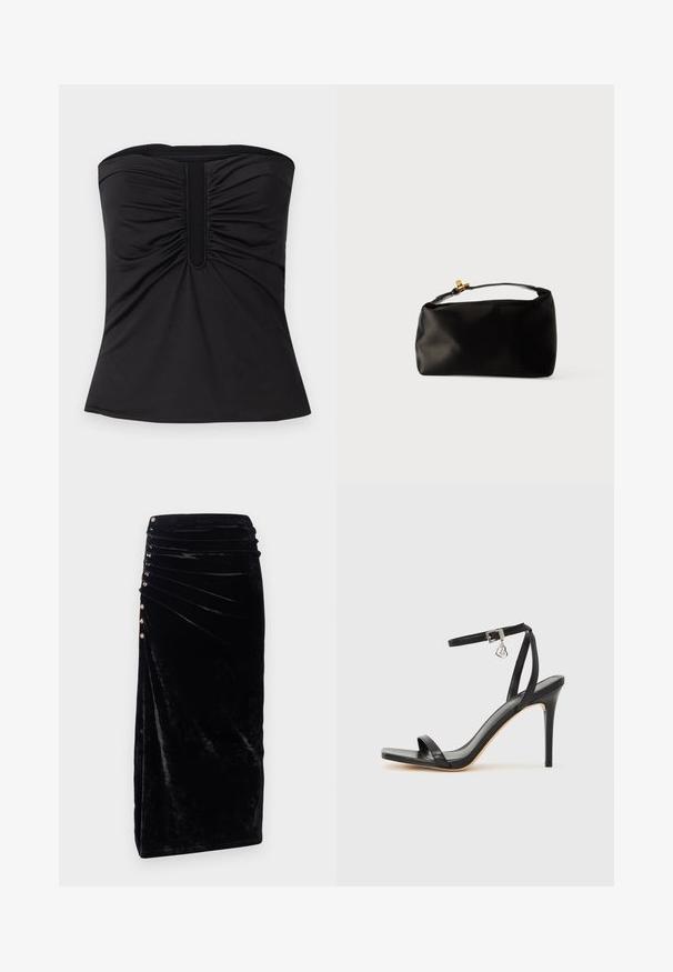 Zwarte strapless top van gladde stof, met geplooide details aan de voorkant en een rechte zoom. Geen zichtbare hardware of patronen.; Rabanne Kokerrok - black; Zwarte sandaal met hoge hak, smalle enkelband, vierkante neus, soepel leermateriaal en metalen gespsluiting.; Zwarte satijnen pouch tas met een ronde vorm, een handvat bovenop en een gouden sluiting. Soepele textuur met een minimalistisch ontwerp.