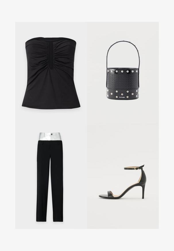 Haut noir sans bretelles en tissu lisse, avec des détails froncés à l'avant et un ourlet droit. Aucun matériel ou motif visible.; Pantalon noir avec une taille en argent brillant. Doté d'une fermeture à bouton et de quatre poches, avec une coupe ajustée et un design à jambe droite.; Sandale à talons hauts en cuir noir avec une lanière de cheville. Présente une texture lisse, un bout ouvert et un talon fin. Détail de boucle en ton doré.; Sac seau noir à texture tissée, avec des clous argentés en accents et une poignée fine. Présente un logo sur le devant et un fond en cuir lisse.
