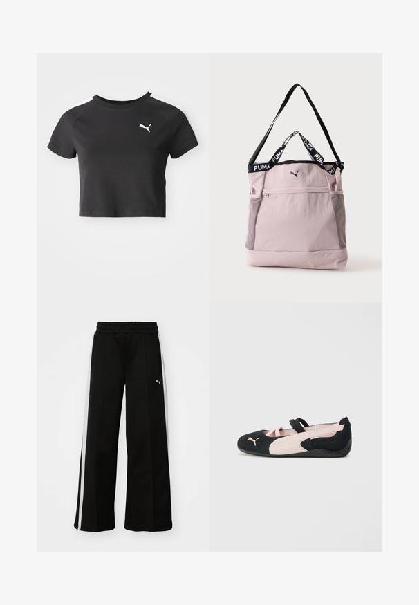 T-shirt noire cropped en coton, avec un col rond, des manches courtes raglan et un logo Puma blanc sur la poitrine gauche.; Pantalons larges noirs avec une taille élastique, des rayures blanches verticales, des poches latérales zippées et un petit logo sur la cuisse.; Ballerines en suède noir et rose clair avec des sangles élastiques, un bout arrondi et une semelle en caoutchouc texturée, arborant un petit logo à l'avant.; Sac fourre-tout Puma rose clair avec bandoulière noire, poignées courtes avec logo Puma, poche avant zippée et poches latérales en mesh.
