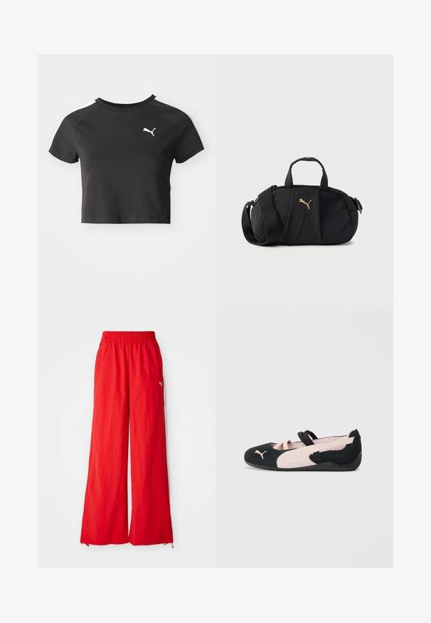 T-shirt noire cropped en coton, avec un col rond, des manches courtes raglan et un logo Puma blanc sur la poitrine gauche.; Pantalons larges rouges en tissu léger, avec une taille élastique, des poches latérales et un discret logo sur le côté.; Ballerines en suède noir et rose clair avec des sangles élastiques, un bout arrondi et une semelle en caoutchouc texturée, arborant un petit logo à l'avant.; Sac bandoulière texturé noir avec poignées supérieures, large sangle réglable et petit logo Puma doré centré à l'avant.