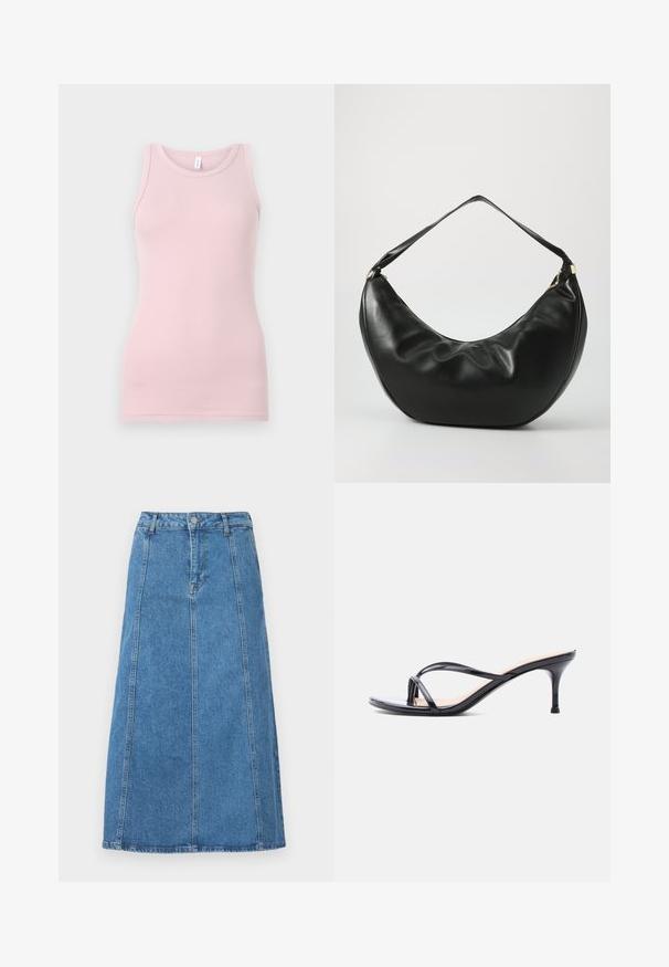 Lyserød tanktop lavet af blød og strækbar stof. Har en rund halsudskærm og smalle skulderstropper, med en glat tekstur og tætsiddende pasform.; Denim midi-nederdel i lyseblå med lige skæring, frontknaplukning, fem bæltesløjfer og to sidelommer.; Sort laklædersandal med hæl, tynde krydsede remme og en slank mellemhøj stilethæl på en hvid baggrund.; Sort læder skuldertaske med en buet form, blød tekstur og en enkelt rem; har en guldbeslået lynlås og diskret branding.