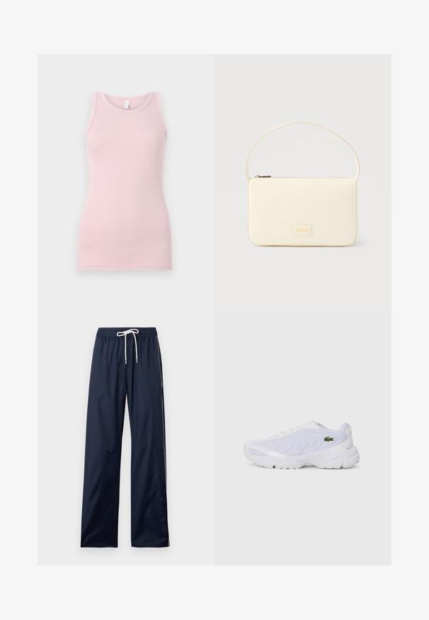 Hellrosa Tanktop aus weichem, dehnbarem Stoff. Es hat einen runden Halsausschnitt und schmale Träger, mit einer glatten Textur und einer figurbetonten Passform.; Marineblaue locker sitzende Hose mit elastischem Bund und weißem Kordelzug, ausgestattet mit dezenten weißen Seitenstreifen.; Weiße Sportschuhe mit Netzobermaterial, strukturiertem Design und gepolstertem Kragen. Merkmale sind ein grünes Logo an der Seite und eine gepolsterte Sohle für Komfort.; Rechteckige Handtasche in Cremefarbe mit einem einzelnen Trageriemen und Reißverschluss oben, ausgestattet mit einer kleinen, geprägten Logoplakette vorne.