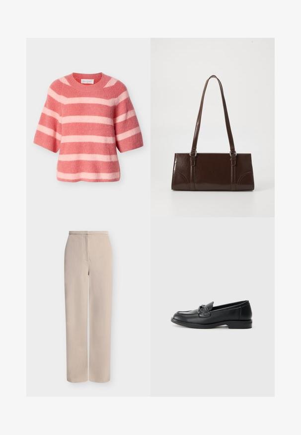 Pull tricoté à rayures roses et crème avec un col rond et des manches courtes, présentant une texture douce et une coupe décontractée.; Pantalon beige à jambes larges en tissu texturé, avec une couture frontale et une taille simple sans ornements.; Mocassins en cuir noir avec un bout arrondi, un design cousu et un accent en nœud sur la tige. Talon bas et texture lisse.; Sac à main en cuir verni marron de forme rectangulaire, avec deux longues poignées et des accents courbés subtils à l'avant.