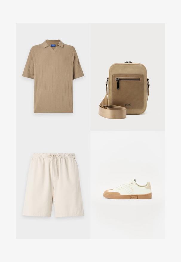 Jack & Jones Knitted Plain Knitted - Polo - silver sage; Shorts côtelés beige clair avec une taille élastique et un cordon de serrage. Comprend des poches latérales et une coupe décontractée. Matière en mélange de coton.; Baskets blanches avec des accents en daim beige, bout rond, panneaux latéraux perforés, design à lacets, et une semelle en caoutchouc avec une étiquette de marque.; Petit sac bandoulière beige avec poche avant zippée, logo métallique ALDO, sangle large ajustable et forme rectangulaire arrondie sur fond blanc.