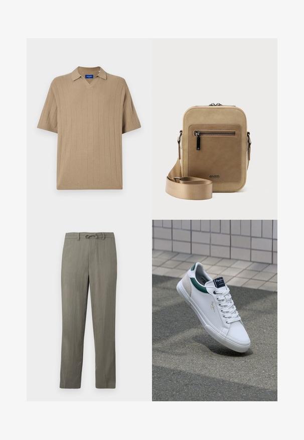 Jack & Jones Knitted Plain Knitted - Poloshirt - silver sage; Herren-Hellgraue Leinenmischungshosen mit einem Kordelzugbund, geraden Beinen und subtiler Textur; mit normalen Taschen und ohne auffällige Muster.; Weiße Leder-Sneaker mit grünen und beigen Akzenten, die über eine strukturierte Sohle, eine runde Schuhspitze und ein traditionelles Schnürdesign verfügen.; Kleine beige Umhängetasche mit vorderer Reißverschlusstasche, metallischem ALDO-Logo, verstellbarem breitem Riemen und abgerundeter rechteckiger Form vor weißem Hintergrund.
