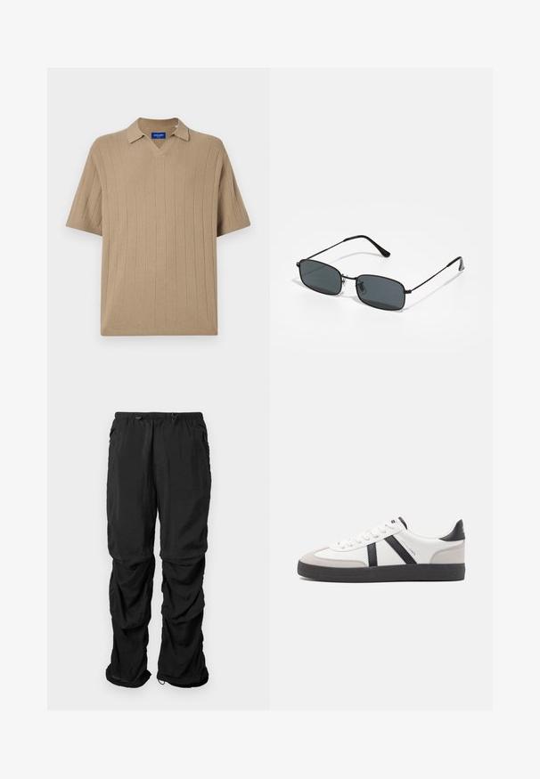 Jack & Jones Knitted Plain Knitted - Polosärk - silver sage; Mustad mustriga püksid kergest kangast, millel on elastne vöökoht, reguleeritavad tõmblukud ja küljetaskud, pakuvad mugavat istuvust.; Valged tossud mustade ja hallide aktsentidega, tekstureeritud halli varbakattega, musta kummitald ja lamedad valged paelad. Puhtad jooned, minimalistlik stiil.; Musta metallraamiga prillid, millel on ristküliku kujulised tumedad läätse, õhukesed templid ja reguleeritavad ninapadjad. Kerge disain, millel on minimaalne varustus.
