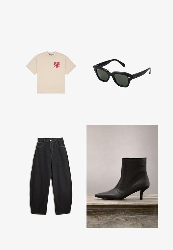 Beige katoenen T-shirt met een losse fit, ronde halslijn en een rode grafische print met de tekst "WESTRIVALS STUDIO" op de linkerborst.; Zwarte denim wijde pijpenbroek met een hoge taille, voorzien van gele stiksels, twee voorkruiken en een enkele knoopsluiting.; Zwarte leren enkellaars met spitse neus en een mid-height kitten heel die boven een houten oppervlak zweeft, tegen een achtergrond van groene bladeren.; Zwarte vierkante zonnebril met donker groene lenzen, uitgerust met gedurfde monturen en zilveren accenten aan de zijkanten. Gemaakt in Italië.