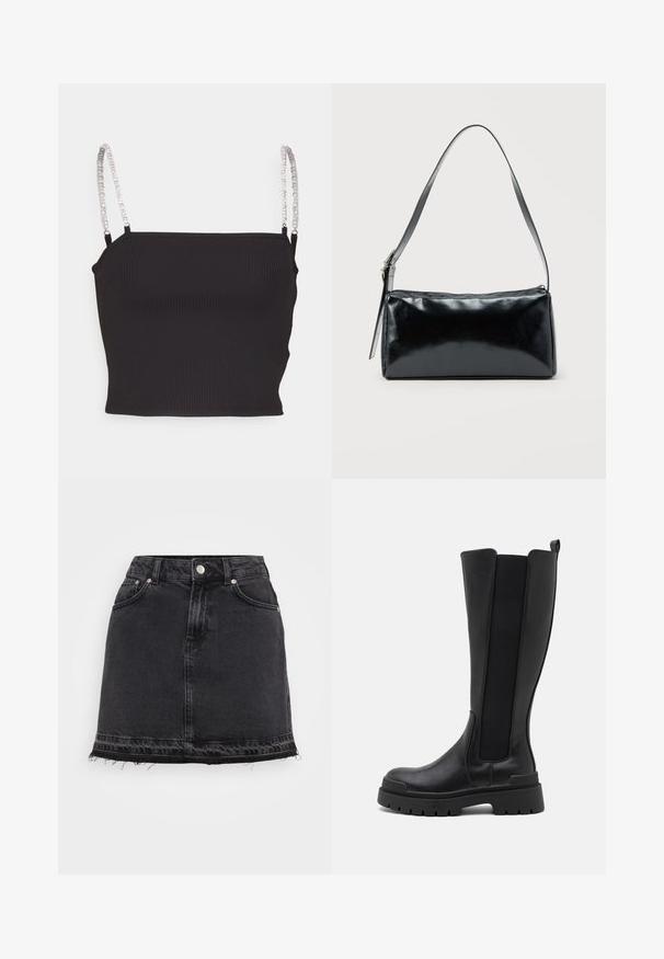 ONLY ONLUNINA - Top - black; Sort denim mini nederdel med en lige silhuet, som har forlommer, metalknaplukning og frynset kantdetalje.; Even&Odd by Zalando Plateaustøvler - black; Sort rektangulær skuldertaske med en enkelt justerbar rem og lynlås i toppen på en ensfarvet baggrund.