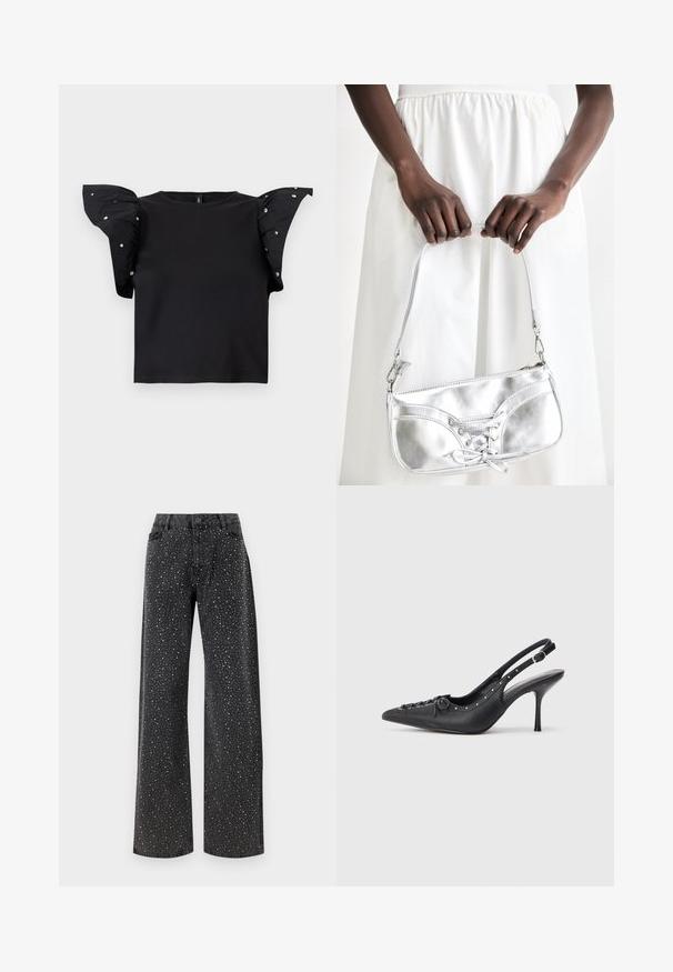 Sort kortærmet top med puffede, rynkede ærmer pyntet med små sølvnitter, med rund halsudskæring og lige kant.; Noisy May Rhinestone - Jeans Relaxed Fit - black denim; Sorte læder slingback stiletto med spids tå, side spændebånd, nitter langs kanten og dekorativ snøring foran.; Sølvmetallic håndtaske med snøredetaljer, der har et slankt design og en kort strop. Tasken holdes i hænderne for at fremvise dens tekstur.