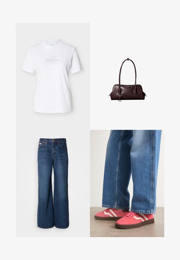 T-shirt en coton blanc à manches courtes, avec un logo frontal en texte gris, un col arrondi et une coupe classique.; Jean large en denim bleu foncé. Les caractéristiques incluent une taille haute, cinq poches et des coutures contrastantes orange le long des coutures.; Baskets en suede rose avec des rayures blanches ondulées et des semelles en caoutchouc marron, associées à un jean en denim light blue à jambes larges.; Sac à main en cuir brun foncé Calvin Klein avec de longues poignées doubles et un petit porte-clé logo suspendu à une poignée.