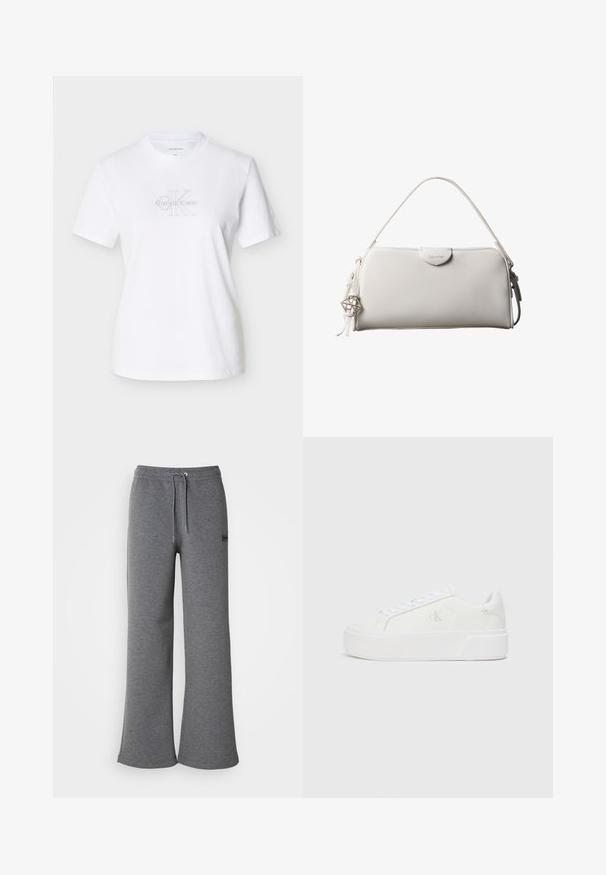 Camiseta blanca de algodón con mangas cortas, con un logo frontal en texto gris, cuello redondo y un corte clásico.; Pantalones de chándal grises hechos de una tela suave, con una cinturilla con cordón, piernas anchas y un discreto detalle de logo en el lateral.; Zapatillas de plataforma blancas con parte superior de cuero suave, punta redondeada, cordones blancos y un sutil detalle de logotipo en el lateral. Suela de goma plana.; Bolso rectangular blanco de Calvin Klein con un solo asa, diseño minimalista y borlas decorativas con un charm metálico geométrico en el lateral.