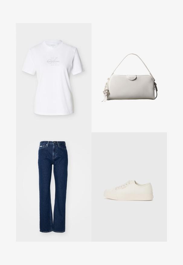 Camiseta blanca de algodón con mangas cortas, con un logo frontal en texto gris, cuello redondo y un corte clásico.; Vaqueros de mezclilla azul oscuro con piernas rectas, cierre de botón y cinco bolsillos. La tela tiene una ligera textura con sutiles detalles en la costura.; Zapatillas de lona color marfil, con un diseño de corte bajo, punta redonda y suela de goma plana con un sutil detalle de costura.; Bolso rectangular blanco de Calvin Klein con un solo asa, diseño minimalista y borlas decorativas con un charm metálico geométrico en el lateral.