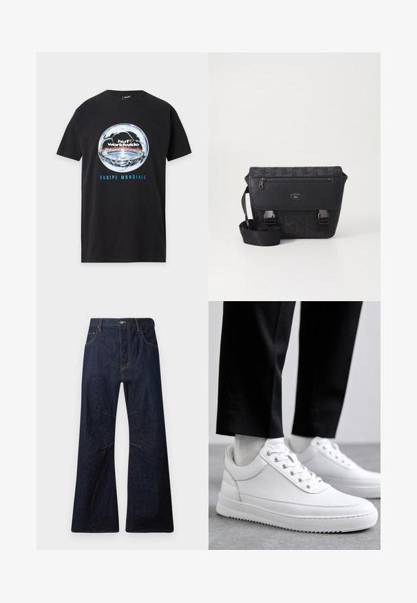 T-shirt noir à manches courtes avec un grand graphique réfléchissant de ballon de football, texte "huf worldwide" et "EQUIPE MONDIALE" en bleu sous le ballon.; Jeans évasés en denim bleu foncé avec des coutures jaunes, cinq poches et une fermeture éclair. Présente des coutures horizontales au-dessus des genoux.; Baskets blanches en cuir avec une semelle en caoutchouc plat, présentant une finition lisse, un bout rond et des œillets en métal pour les lacets. Portées avec un pantalon noir.; Sac messager noir avec motif géométrique embossé, matériel en métal argenté, fermeture zippée et bandoulière réglable. Fabriqué en matériau synthétique texturé.