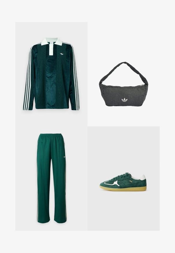 Polo de manga larga en terciopelo verde oscuro con acentos blancos. Presenta una tapeta de tres botones, logo bordado y tres franjas blancas en las mangas.; Pantalones de chándal verdes Adidas con franjas blancas en los costados, cintura elástica, dos bolsillos frontales con cremallera y pequeño logotipo de Adidas en el muslo izquierdo.; Zapatillas verdes de ante con acentos blancos, detalles perforados y suela de goma texturizada. Presenta cordones redondos y talón acolchado.; Bolso de hombro gris oscuro hecho de tejido texturizado, con cierre de cremallera y un logo bordado en el frente. Correa larga y curva.
