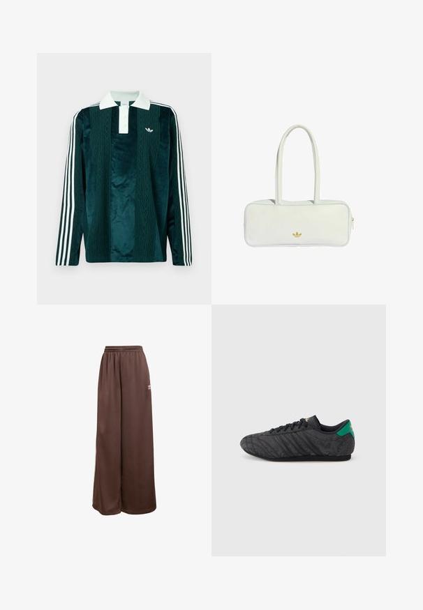 Polo à manches longues en velours vert foncé avec des accents blancs. Présente un col à trois boutons, un logo brodé et trois rayures blanches sur les manches.; adidas Originals Pantalon de survêtement - auburn cream white; Baskets noires à profil bas avec un motif floral subtil, lacets noirs, languette de talon verte et logo doré sur la languette et le talon.; Sac à main en cuir blanc avec deux longues anses, forme rectangulaire, détail de logo doré et passepoil bleu clair le long des bords. Fermeture à glissière.